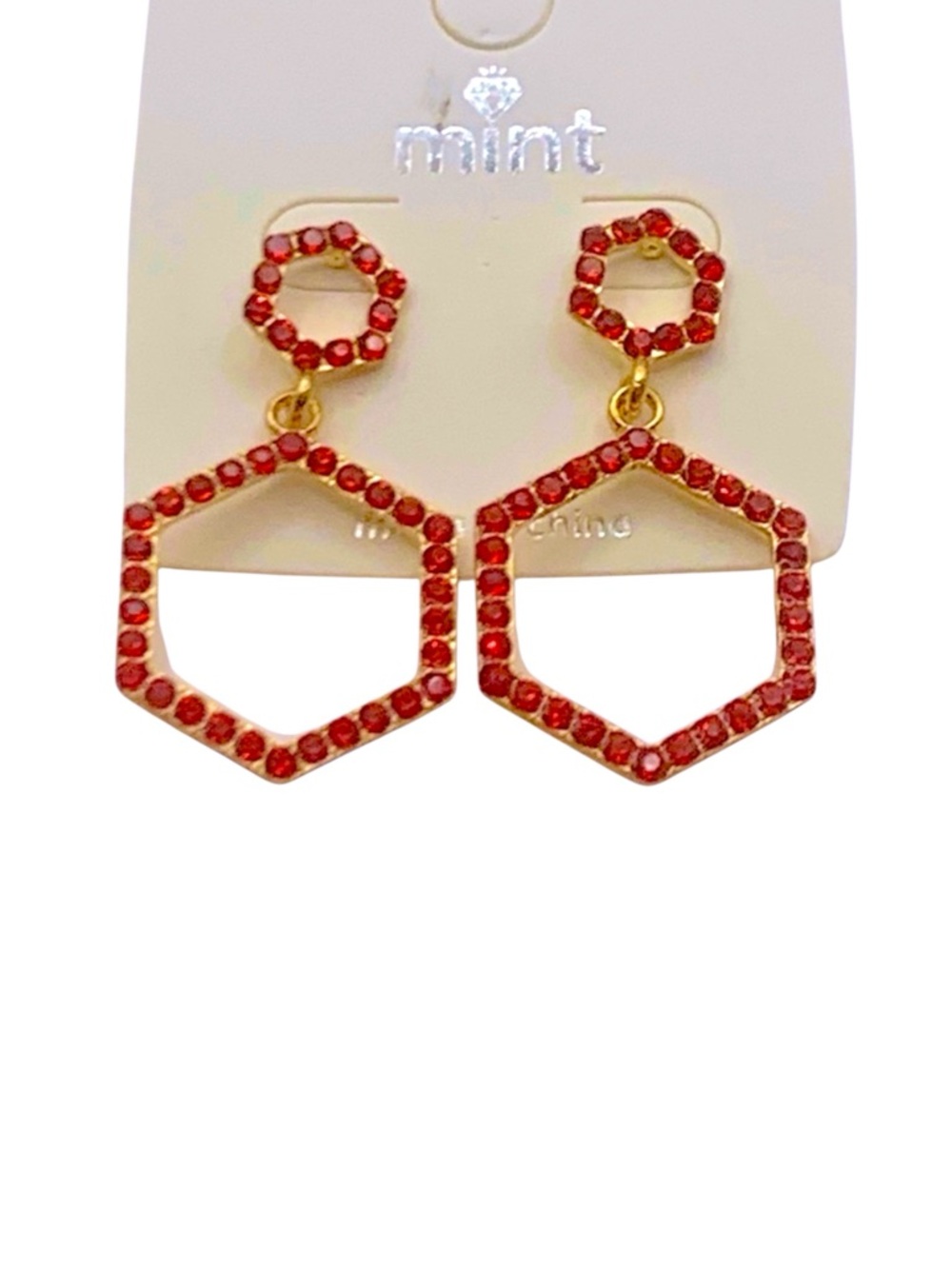 Mint Gold Plated & Red Crystal Octagon Costume Jewelry Earrings - Picture 2 of 4